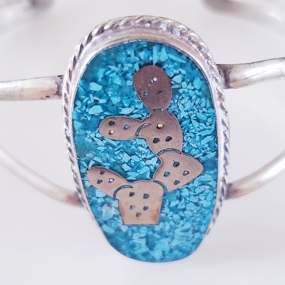 Vintage Navajo Alpaca Mexico & Turquoise Cuff Bangle - Picture 5 of 11